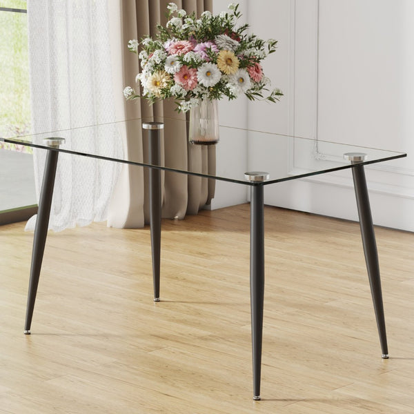 English Elm Modern Tempered Glass Rectangular Dining Table Seating Six with Sleek Black Metal Legs W1151S03178