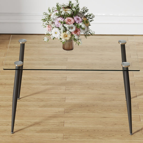 English Elm Modern Tempered Glass Rectangular Dining Table Seating Six with Sleek Black Metal Legs W1151S03178