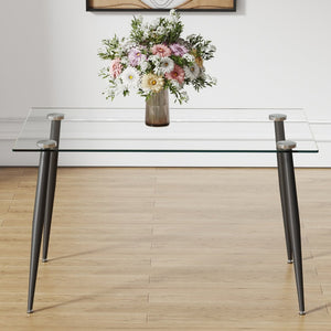 English Elm Modern Tempered Glass Rectangular Dining Table Seating Six with Sleek Black Metal Legs W1151S03178