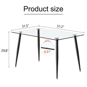 English Elm Modern Tempered Glass Rectangular Dining Table Seating Six with Sleek Black Metal Legs W1151S03178