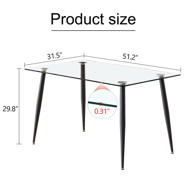 English Elm Modern Tempered Glass Rectangular Dining Table Seating Six with Sleek Black Metal Legs W1151S03178