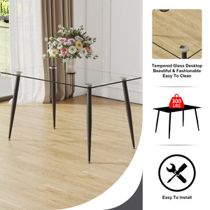 English Elm Modern Tempered Glass Rectangular Dining Table Seating Six with Sleek Black Metal Legs W1151S03178