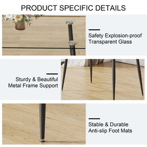 English Elm Modern Tempered Glass Rectangular Dining Table Seating Six with Sleek Black Metal Legs W1151S03178
