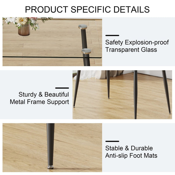 English Elm Modern Tempered Glass Rectangular Dining Table Seating Six with Sleek Black Metal Legs W1151S03178