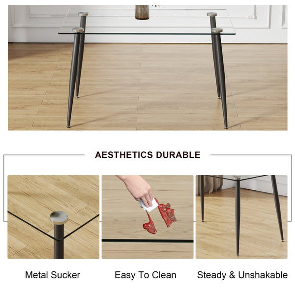 English Elm Modern Tempered Glass Rectangular Dining Table Seating Six with Sleek Black Metal Legs W1151S03178