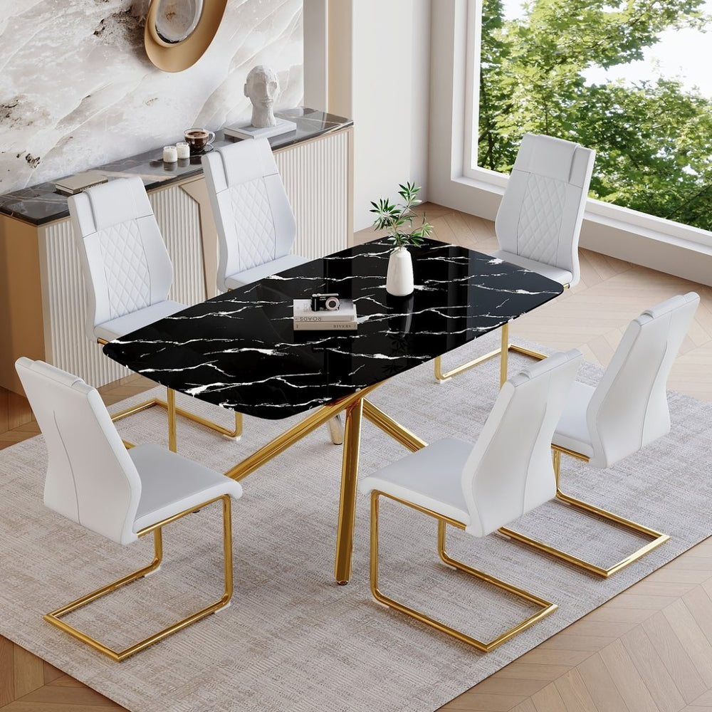 English Elm Table and Chair Set Marble Glass Top with Gold Fork Base and Six White Pu Seats W1151S03295