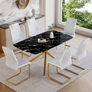 English Elm Table and Chair Set Marble Glass Top with Gold Fork Base and Six White Pu Seats W1151S03295