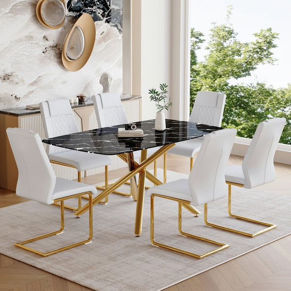 English Elm Table and Chair Set Marble Glass Top with Gold Fork Base and Six White Pu Seats W1151S03295