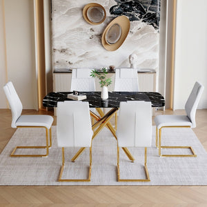 English Elm Table and Chair Set Marble Glass Top with Gold Fork Base and Six White Pu Seats W1151S03295
