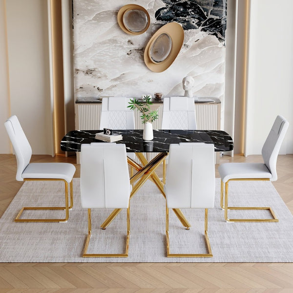 English Elm Table and Chair Set Marble Glass Top with Gold Fork Base and Six White Pu Seats W1151S03295