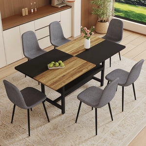 English Elm Table and Chair Set Seats Six with Storage Shelf Linen Upholstery Modern Dining Black, Dark Gray, Wood W1151S03437