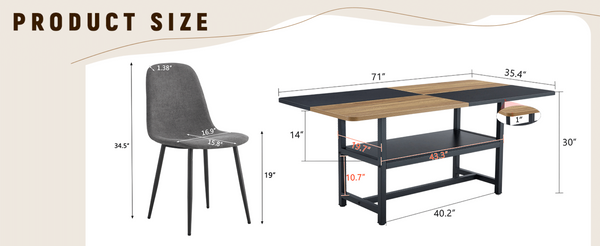 English Elm Table and Chair Set Seats Six with Storage Shelf Linen Upholstery Modern Dining Black, Dark Gray, Wood W1151S03437