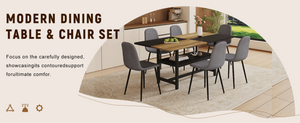 English Elm Table and Chair Set Seats Six with Storage Shelf Linen Upholstery Modern Dining Black, Dark Gray, Wood W1151S03437