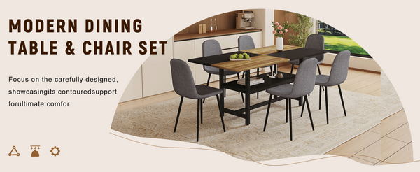 English Elm Table and Chair Set Seats Six with Storage Shelf Linen Upholstery Modern Dining Black, Dark Gray, Wood W1151S03437