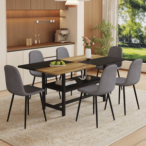 English Elm Table and Chair Set Seats Six with Storage Shelf Linen Upholstery Modern Dining Black, Dark Gray, Wood W1151S03437