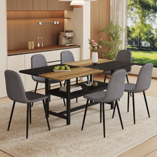 English Elm Table and Chair Set Seats Six with Storage Shelf Linen Upholstery Modern Dining Black, Dark Gray, Wood W1151S03437