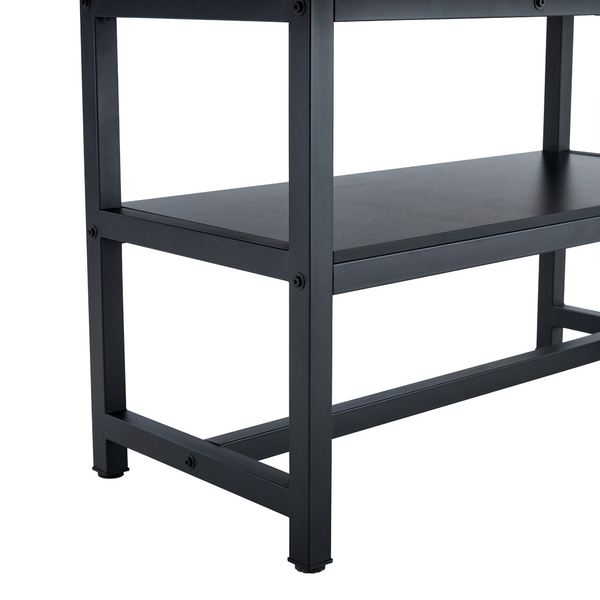 English Elm Table and Chair Set Seats Six with Storage Shelf Linen Upholstery Modern Dining Black, Dark Gray, Wood W1151S03437