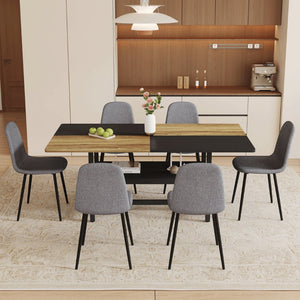 English Elm Table and Chair Set Seats Six with Storage Shelf Linen Upholstery Modern Dining Black, Dark Gray, Wood W1151S03437