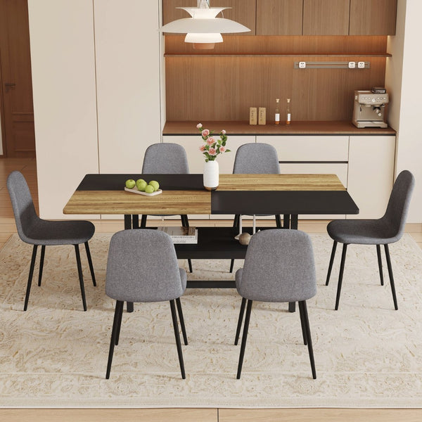 English Elm Table and Chair Set Seats Six with Storage Shelf Linen Upholstery Modern Dining Black, Dark Gray, Wood W1151S03437