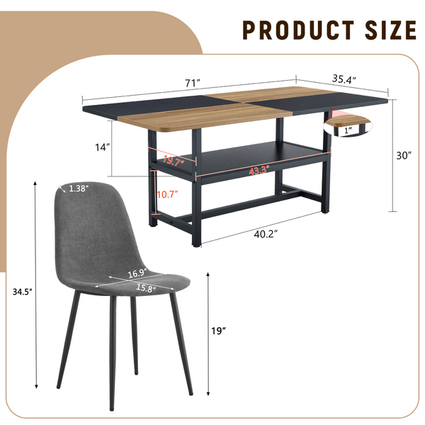 English Elm Table and Chair Set Seats Six with Storage Shelf Linen Upholstery Modern Dining Black, Dark Gray, Wood W1151S03437