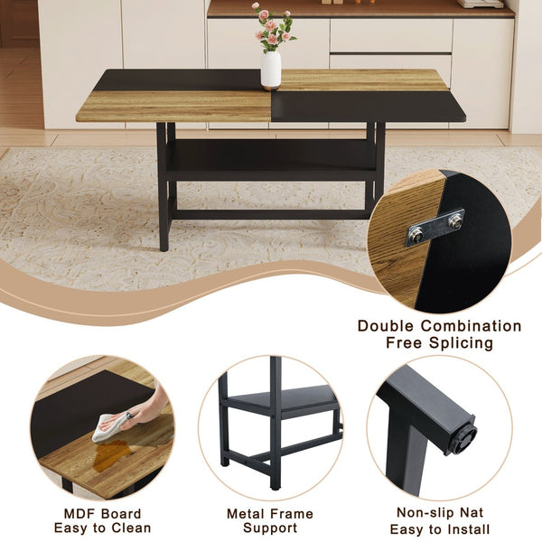 English Elm Table and Chair Set Seats Six with Storage Shelf Linen Upholstery Modern Dining Black, Dark Gray, Wood W1151S03437