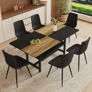 English Elm Table and Chair Set 7 Piece Dining with Wood Grain Spliced Top Plus Storage Shelf Wood & Black Black W1151S03445