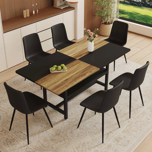 English Elm Table and Chair Set 7 Piece Dining with Wood Grain Spliced Top Plus Storage Shelf Wood & Black Black W1151S03445