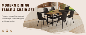 English Elm Table and Chair Set 7 Piece Dining with Wood Grain Spliced Top Plus Storage Shelf Wood & Black Black W1151S03445