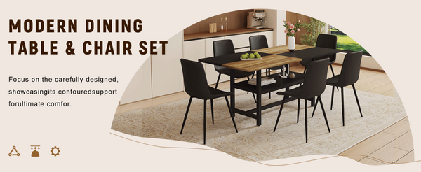 English Elm Table and Chair Set 7 Piece Dining with Wood Grain Spliced Top Plus Storage Shelf Wood & Black Black W1151S03445