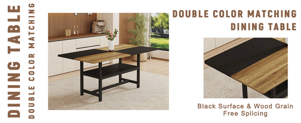 English Elm Table and Chair Set 7 Piece Dining with Wood Grain Spliced Top Plus Storage Shelf Wood & Black Black W1151S03445
