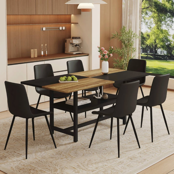English Elm Table and Chair Set 7 Piece Dining with Wood Grain Spliced Top Plus Storage Shelf Wood & Black Black W1151S03445