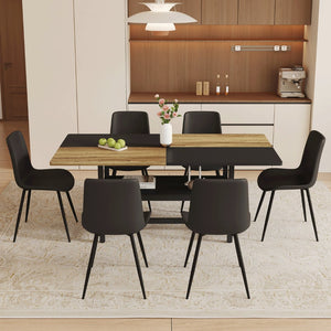 English Elm Table and Chair Set 7 Piece Dining with Wood Grain Spliced Top Plus Storage Shelf Wood & Black Black W1151S03445