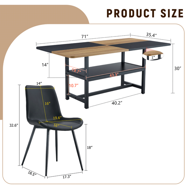 English Elm Table and Chair Set 7 Piece Dining with Wood Grain Spliced Top Plus Storage Shelf Wood & Black Black W1151S03445