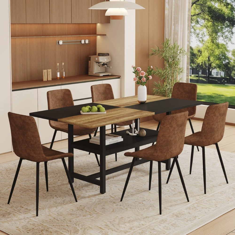 English Elm Table and Chair Set Two-tone Wood Mdf Top with Built-in Storage and Six Cushioned Seats W1151S03447