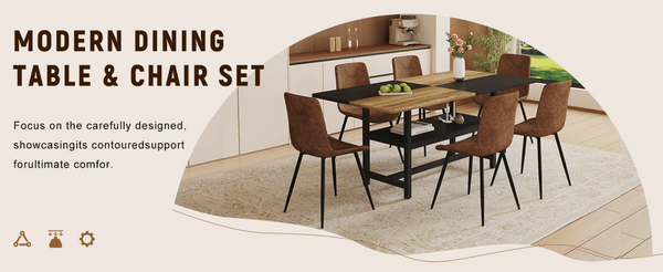 English Elm Table and Chair Set Two-tone Wood Mdf Top with Built-in Storage and Six Cushioned Seats W1151S03447