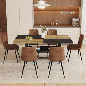 English Elm Table and Chair Set Two-tone Wood Mdf Top with Built-in Storage and Six Cushioned Seats W1151S03447