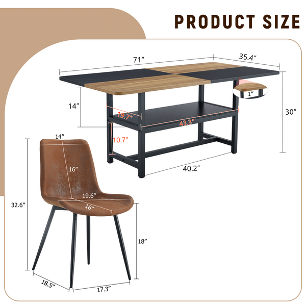 English Elm Table and Chair Set Two-tone Wood Mdf Top with Built-in Storage and Six Cushioned Seats W1151S03447
