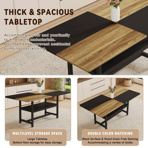 English Elm Table and Chair Set Two-tone Wood Mdf Top with Built-in Storage and Six Cushioned Seats W1151S03447
