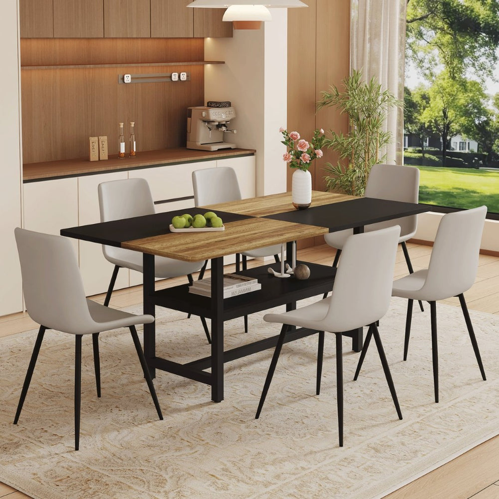 English Elm Table and Chair Set 7 Piece Dining with Wood Grain Spliced Top Plus Storage Shelf Wood & Black Light Gray W1151S03449