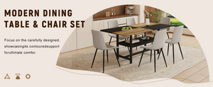 English Elm Table and Chair Set 7 Piece Dining with Wood Grain Spliced Top Plus Storage Shelf Wood & Black Light Gray W1151S03449