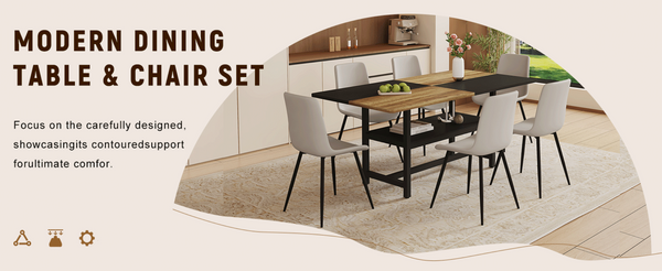 English Elm Table and Chair Set 7 Piece Dining with Wood Grain Spliced Top Plus Storage Shelf Wood & Black Light Gray W1151S03449