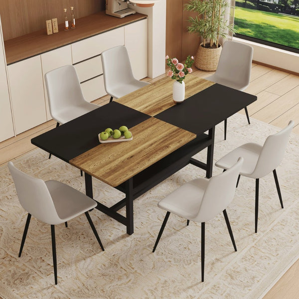 English Elm Table and Chair Set 7 Piece Dining with Wood Grain Spliced Top Plus Storage Shelf Wood & Black Light Gray W1151S03449