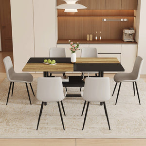 English Elm Table and Chair Set 7 Piece Dining with Wood Grain Spliced Top Plus Storage Shelf Wood & Black Light Gray W1151S03449