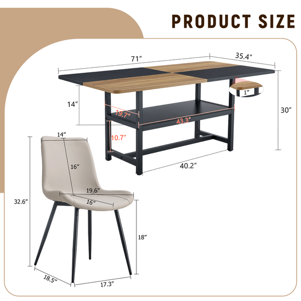 English Elm Table and Chair Set 7 Piece Dining with Wood Grain Spliced Top Plus Storage Shelf Wood & Black Light Gray W1151S03449