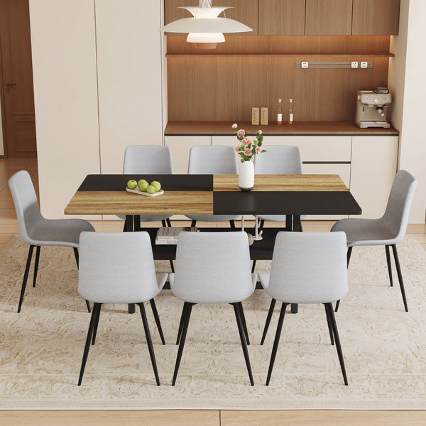 English Elm Table and Chair Set for Eight with Two-tone Mdf Top Storage Shelf Linen Seats Black, Light Gray, Wood W1151S03452