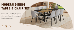 English Elm Table and Chair Set for Eight with Two-tone Mdf Top Storage Shelf Linen Seats Black, Light Gray, Wood W1151S03452