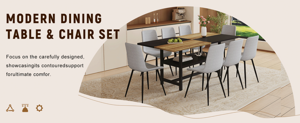 English Elm Table and Chair Set for Eight with Two-tone Mdf Top Storage Shelf Linen Seats Black, Light Gray, Wood W1151S03452