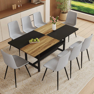 English Elm Table and Chair Set for Eight with Two-tone Mdf Top Storage Shelf Linen Seats Black, Light Gray, Wood W1151S03452