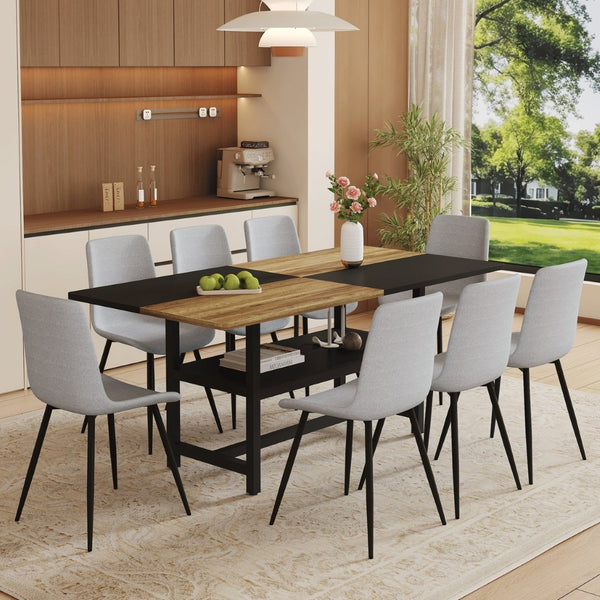English Elm Table and Chair Set for Eight with Two-tone Mdf Top Storage Shelf Linen Seats Black, Light Gray, Wood W1151S03452