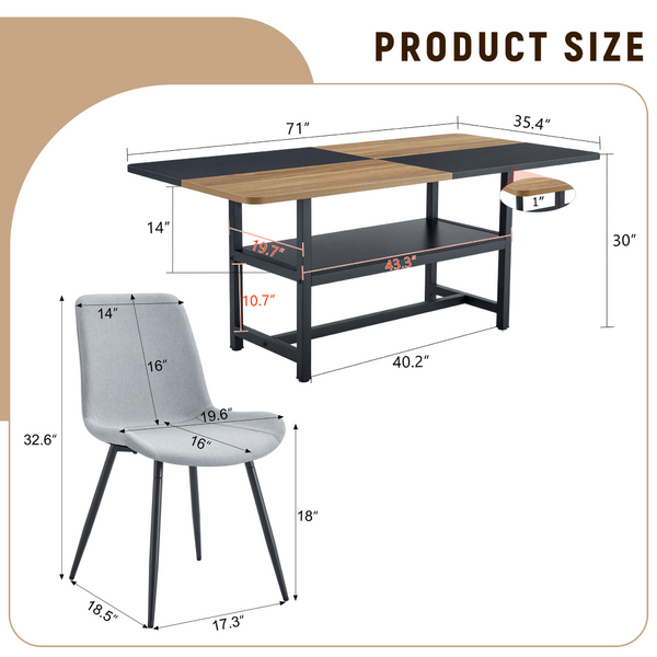 English Elm Table and Chair Set for Eight with Two-tone Mdf Top Storage Shelf Linen Seats Black, Light Gray, Wood W1151S03452